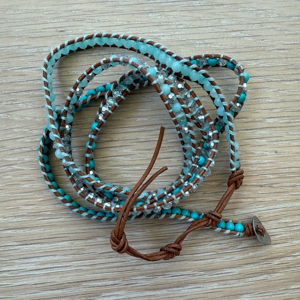Beaded Leather Wrap Bracelet in Aqua